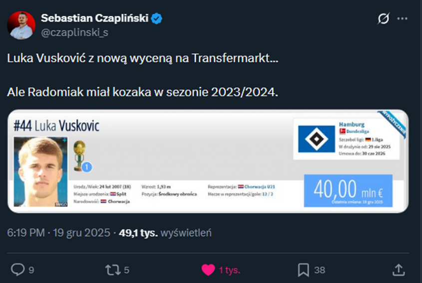 NOWA WYCENA Luki Vuskovicia, który jeszcze w 2024 roku grał w Radomiaku Radom!